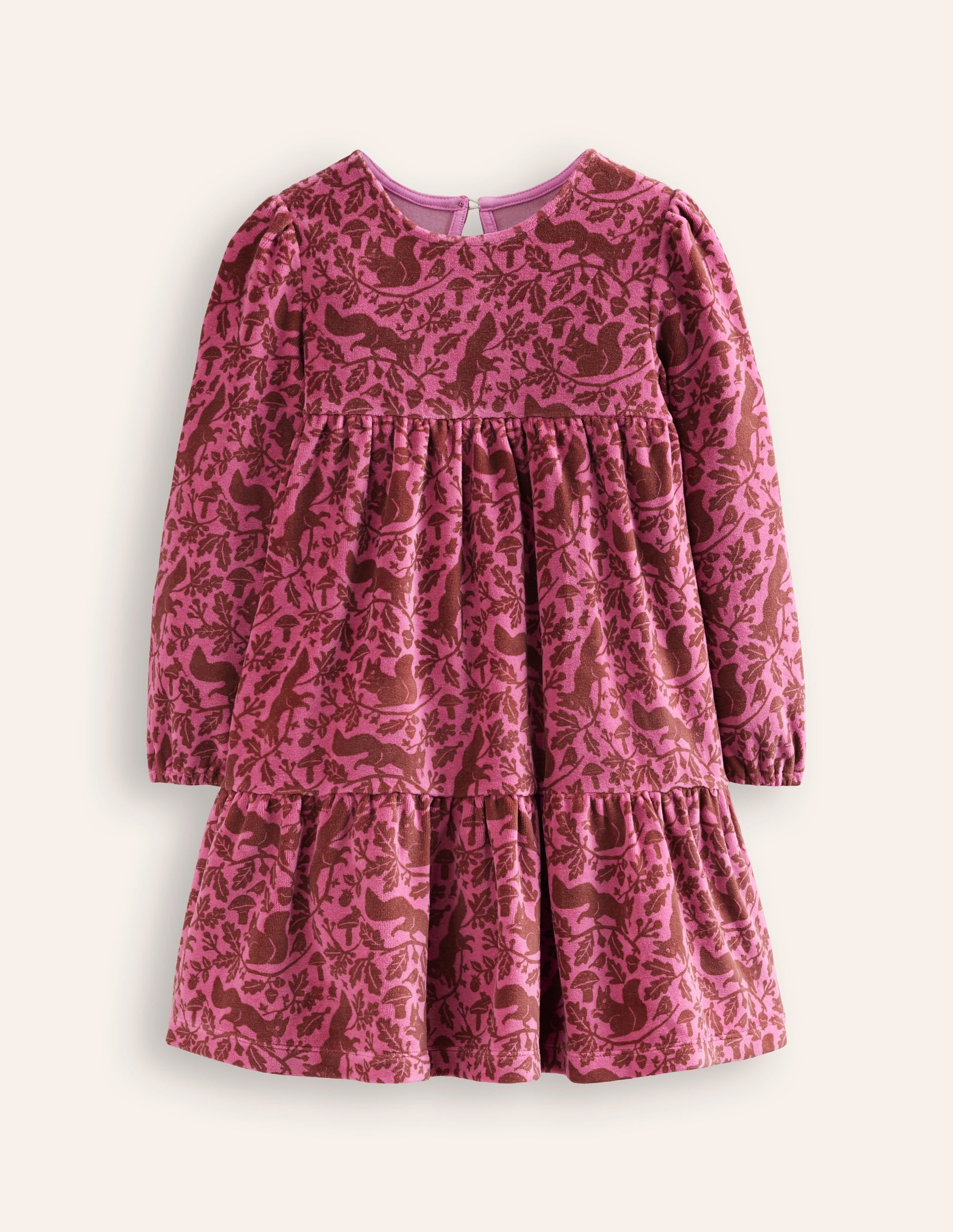 Tiered Velour Dress-Teacup Pink Woodland Squirrel - Image 1