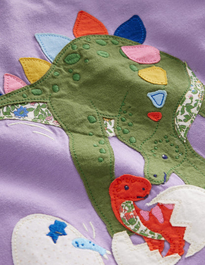 Appliqué Long Sleeve Top-Misty Lavender Dinosaur