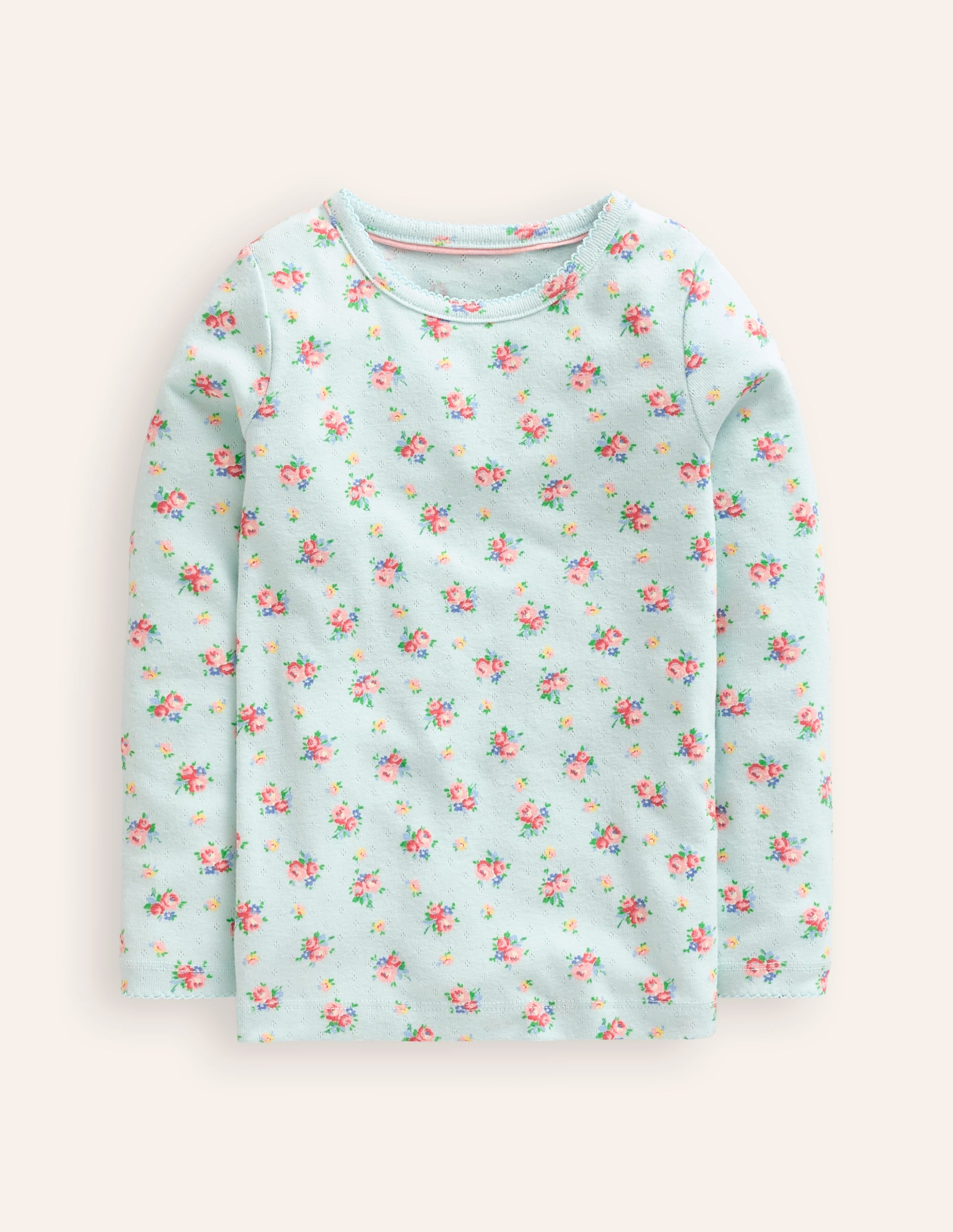 Long Sleeve Pointelle Top-Pale Green Floral Bouquet - Image 1