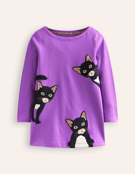 Appliqué Jersey Tunic-Purple Topaz Cats