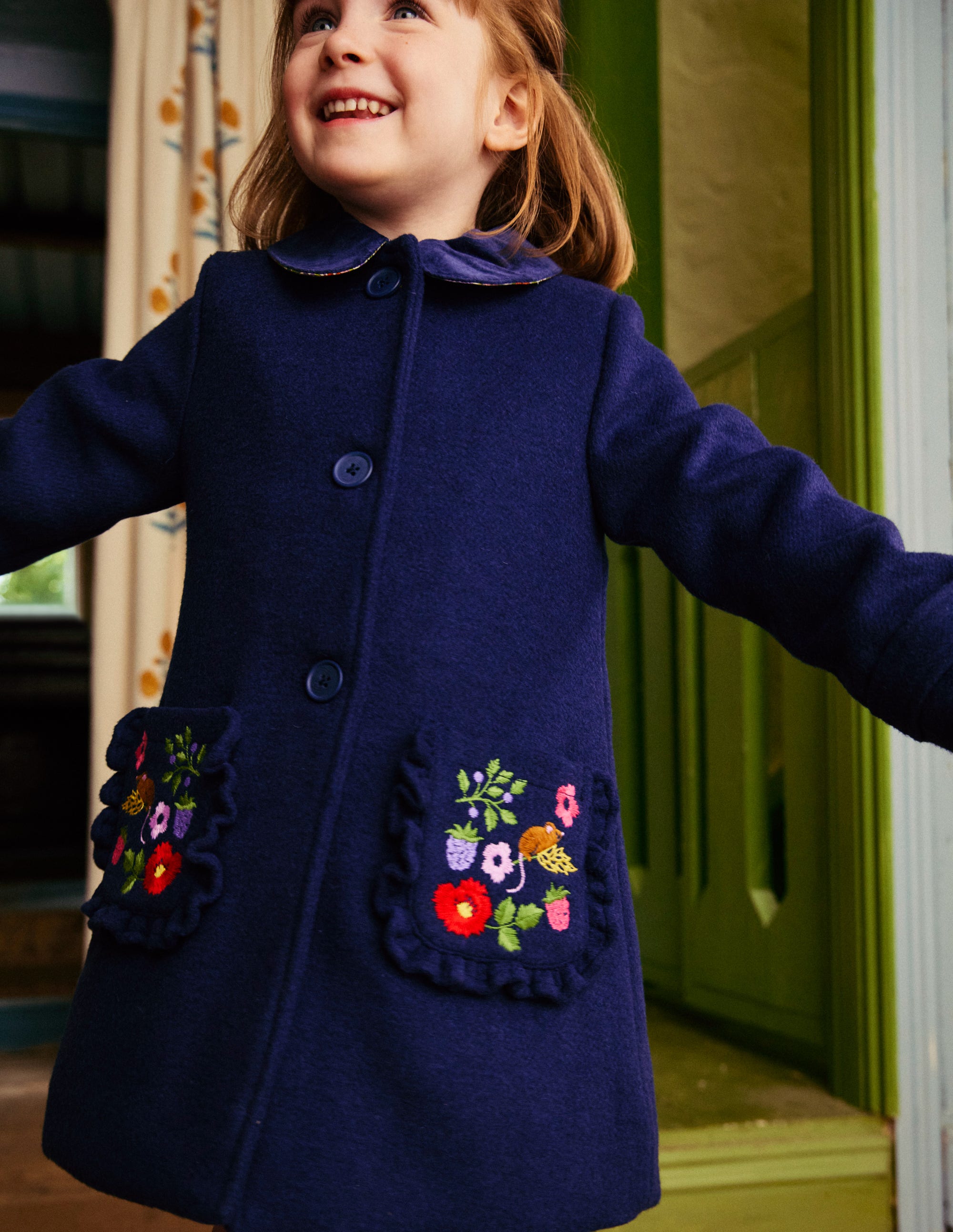 Wonderful Wool Blended Coat-College Navy Embroidery - Image 5