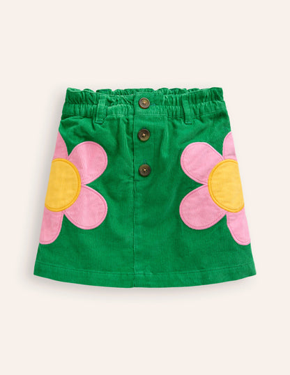 Button Pull-On Mini Skirt-Iguana Green Appliqué Flowers-1