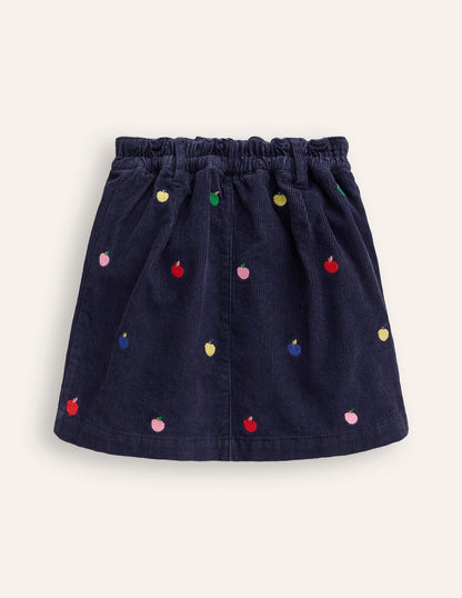 Button Pull-On Mini Skirt-Navy Multi Apples Embroidery