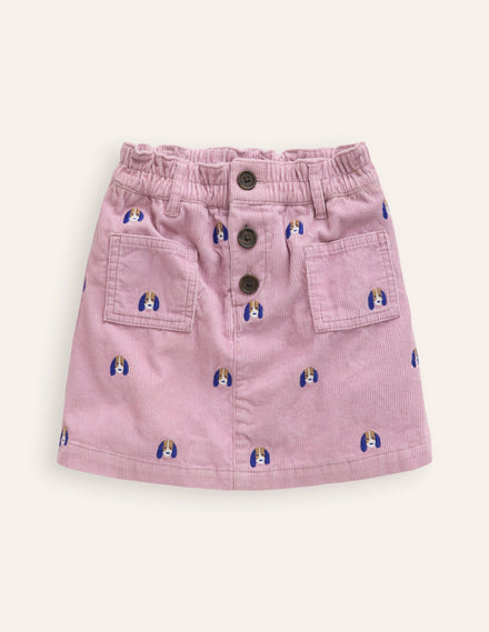 Button Pull-On Mini Skirt-Zephyr Pink Pup Embroidery