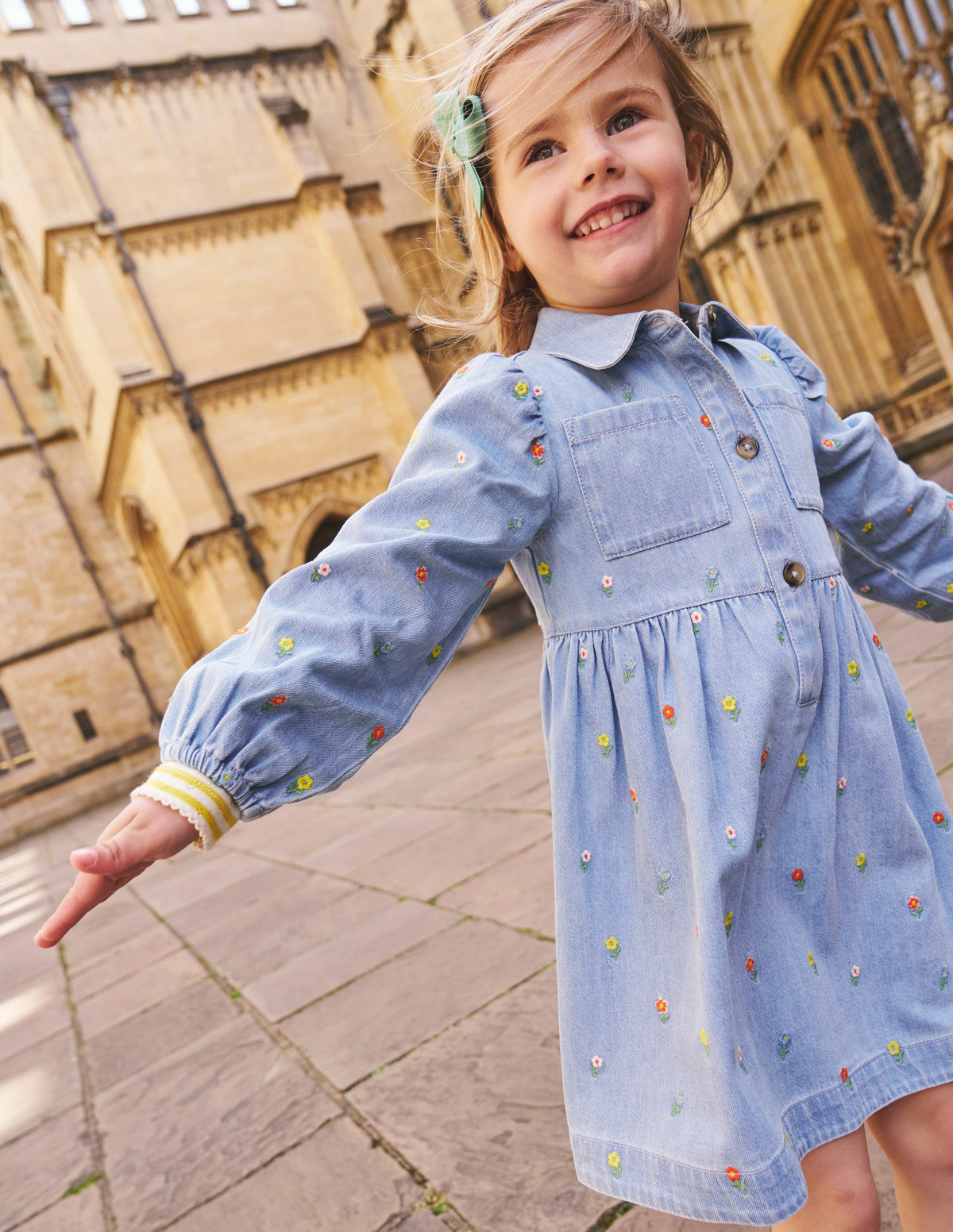 Puff Sleeve Shirt Dress-Mid Vintage Denim Flower - Image 4