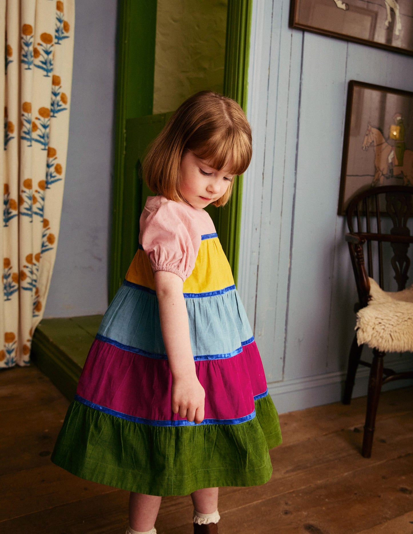 Cord Tiered Twirly Dress-Multi Rainbow