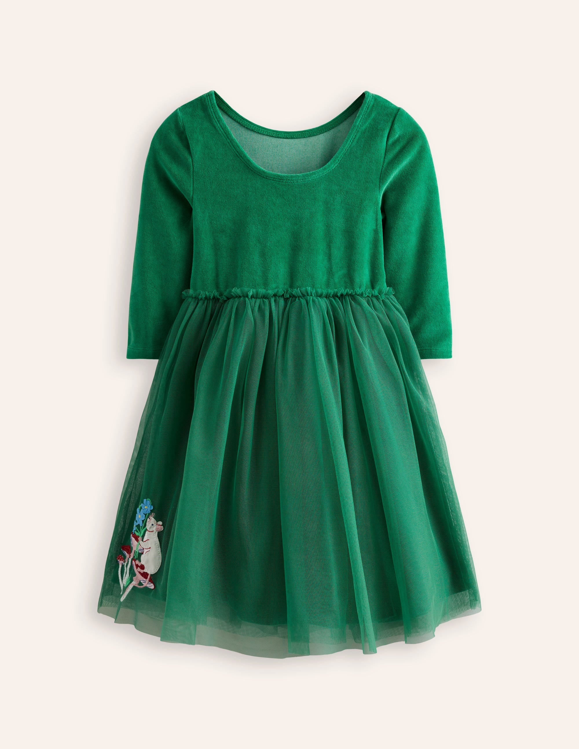 Velvet Tulle Appliqué Dress-Jewel Green Woodland Animals - Image 1