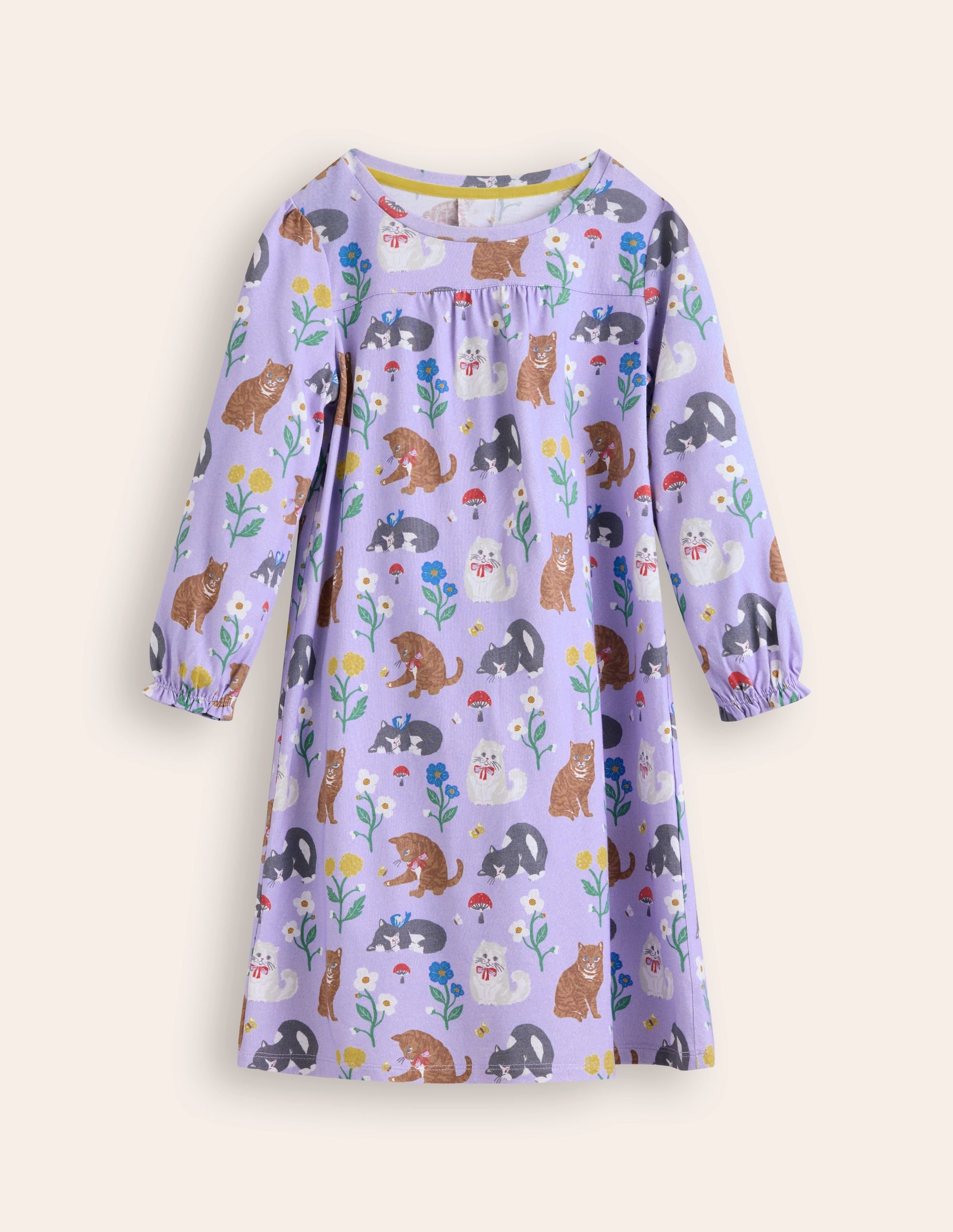 Printed Long-sleeved Nightie-Misty Lavender Cats - Image 1