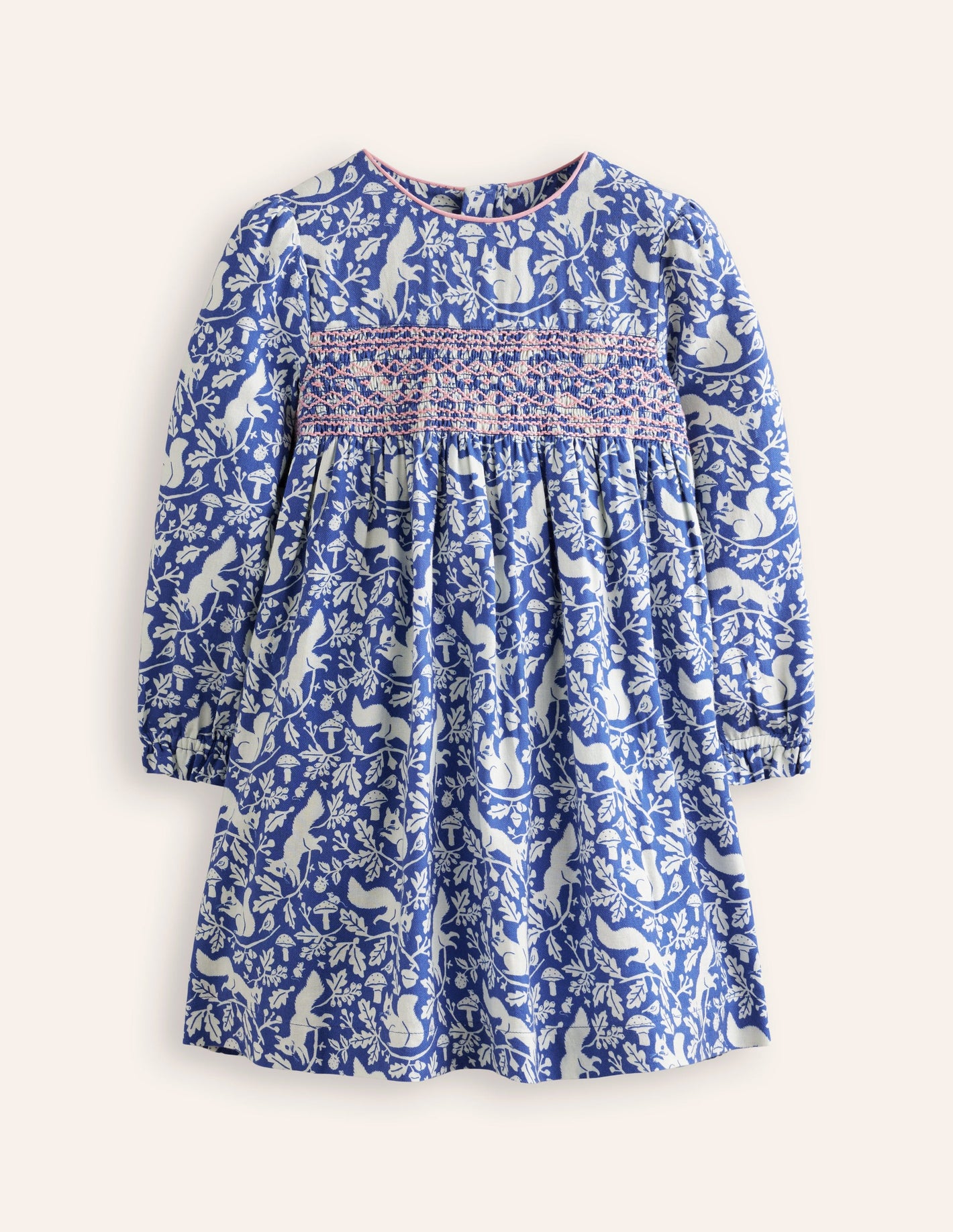 Bess Cosy Smocked Dress-Sapphire Woodland Squirrel