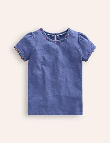 Ali Puff Sleeve Pom T-Shirt-Soft Starboard Blue