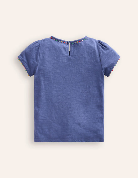 Ali Puff Sleeve Pom T-Shirt-Soft Starboard Blue
