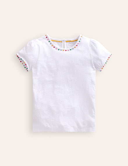 Ali Puff Sleeve Pom T-Shirt-White