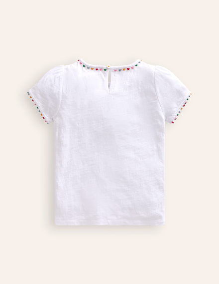 Ali Puff Sleeve Pom T-Shirt-White
