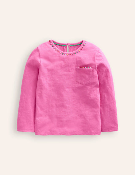 Ali Long Sleeve Pom T shirt-Strawberry Pink