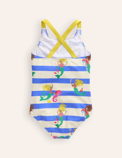 Cross-back Printed Swimsuit-Surf Blue Mermaid Stripe