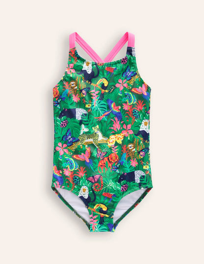 Cross-back Printed Swimsuit-Spruce Green Rainforest-1