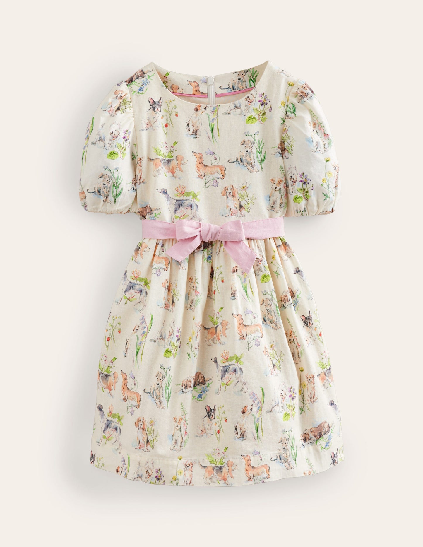 Cotton Linen Vintage Dress-Ivory Painted Puppies