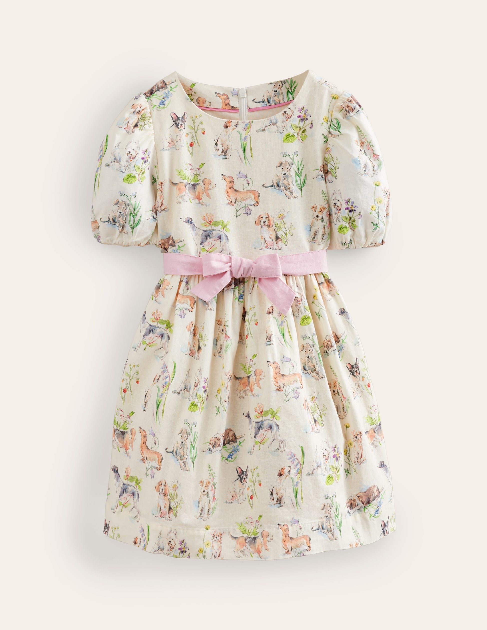 Cotton Linen Vintage Dress-Ivory Painted Puppies-1