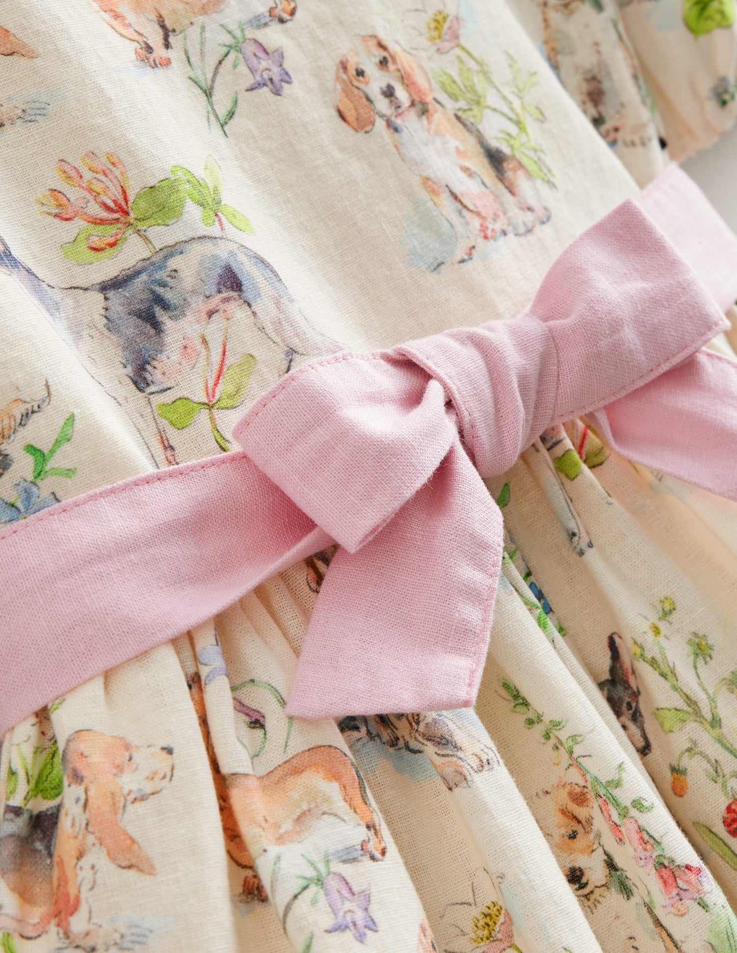 Cotton Linen Vintage Dress-Ivory Painted Puppies