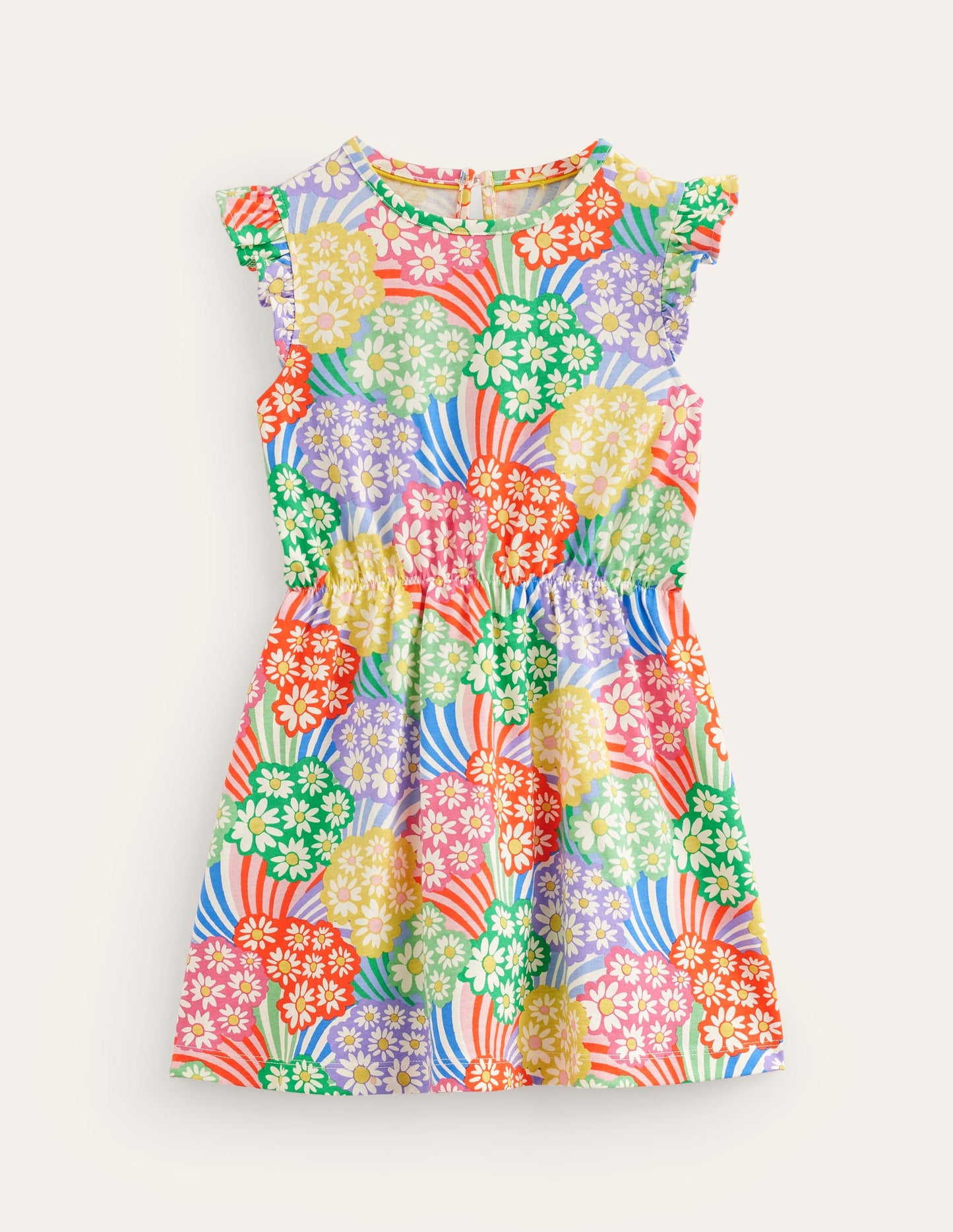 Frill Sleeve Jersey Dress-Multi Rainbow Daisies