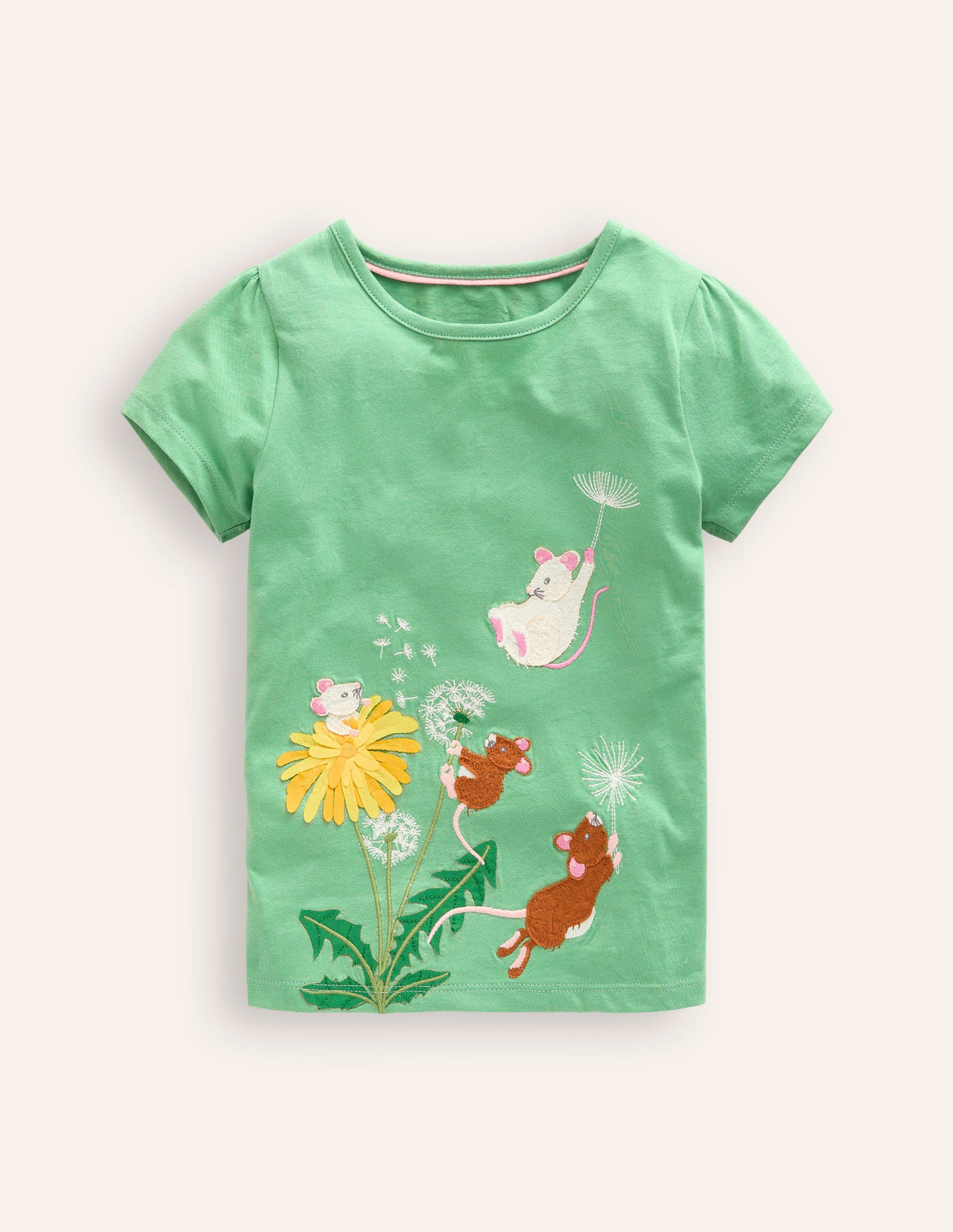 Puff Sleeve Appliqué T-shirt-Aloe Green Mice - Image 1