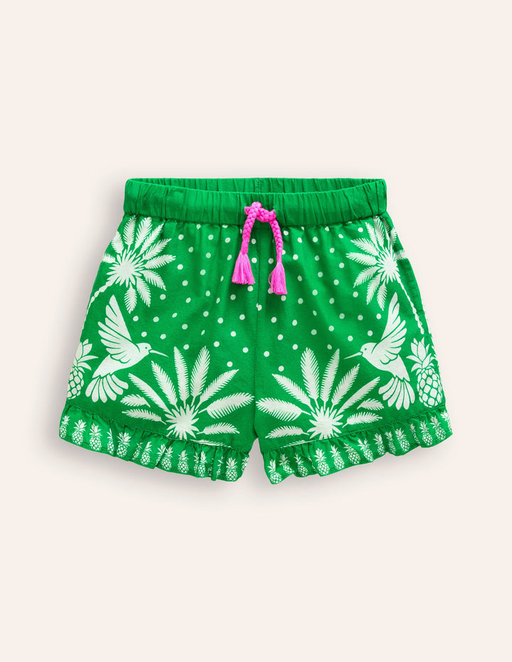 Frill Hem Woven Shorts-Runner Bean Green Palm
