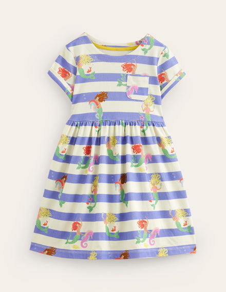 Short-sleeved Fun Jersey Dress-Surf Blue Mermaid Stripe