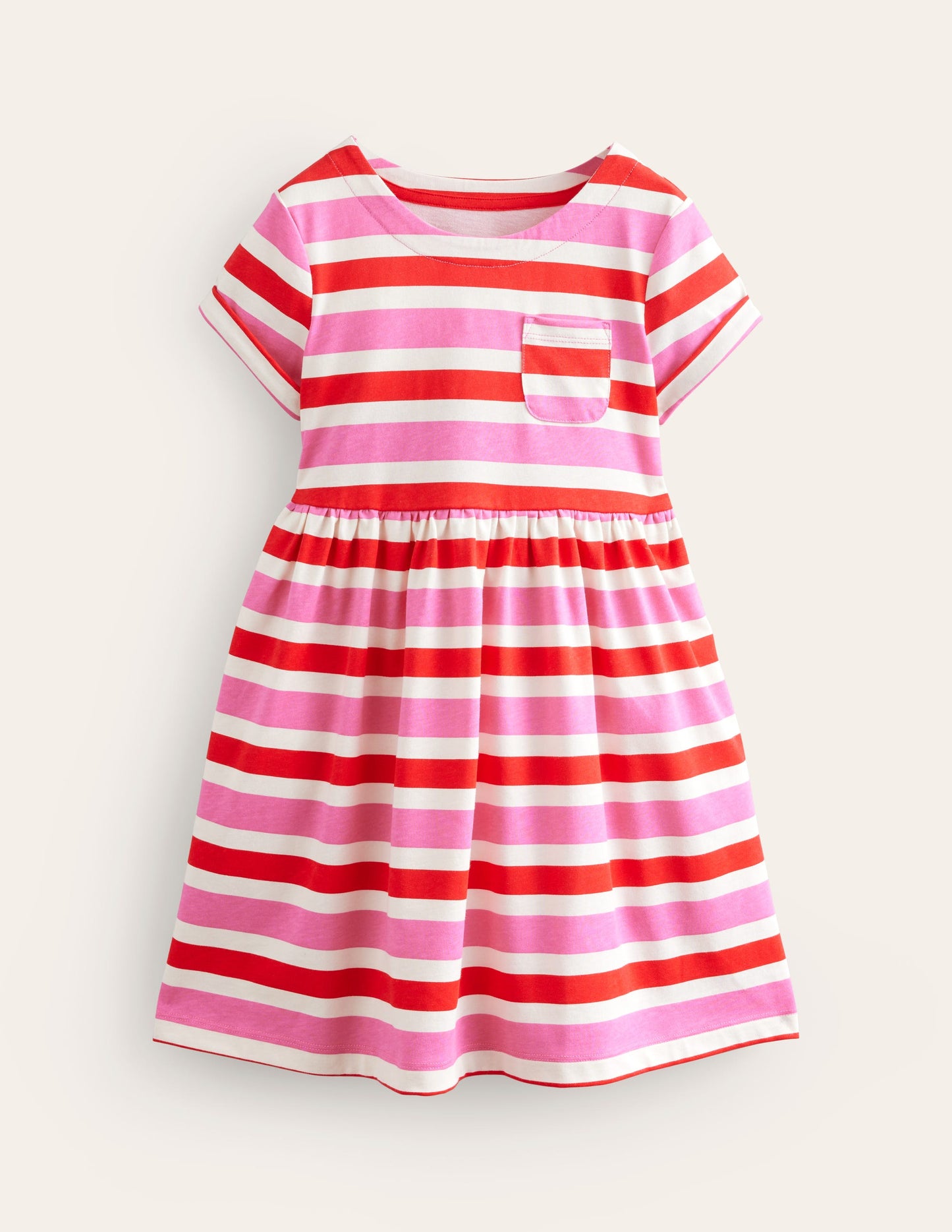 Short-sleeved Fun Jersey Dress-Poppy Red/ Pink Stripe