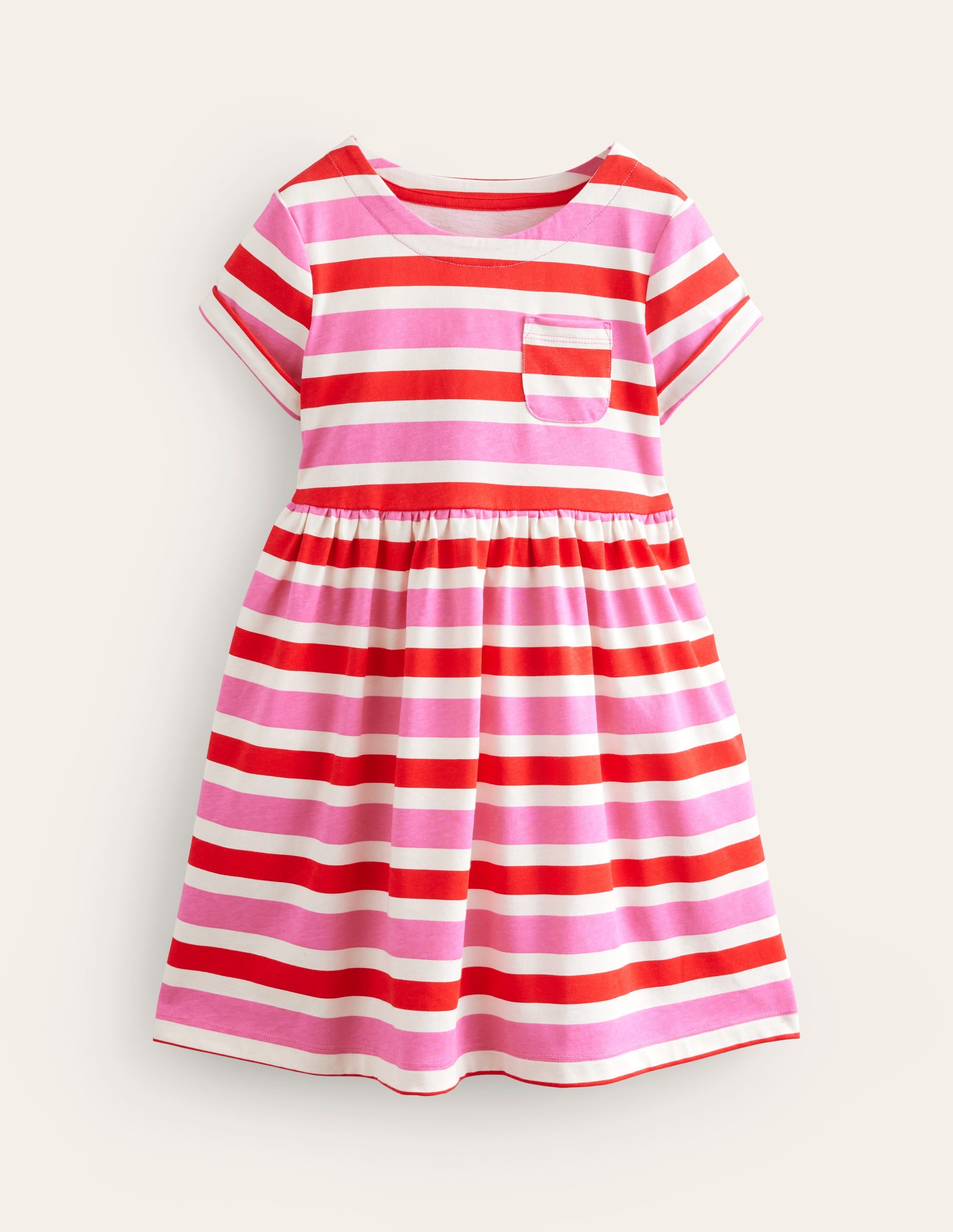 Short-sleeved Fun Jersey Dress-Poppy Red/ Pink Stripe - Image 1