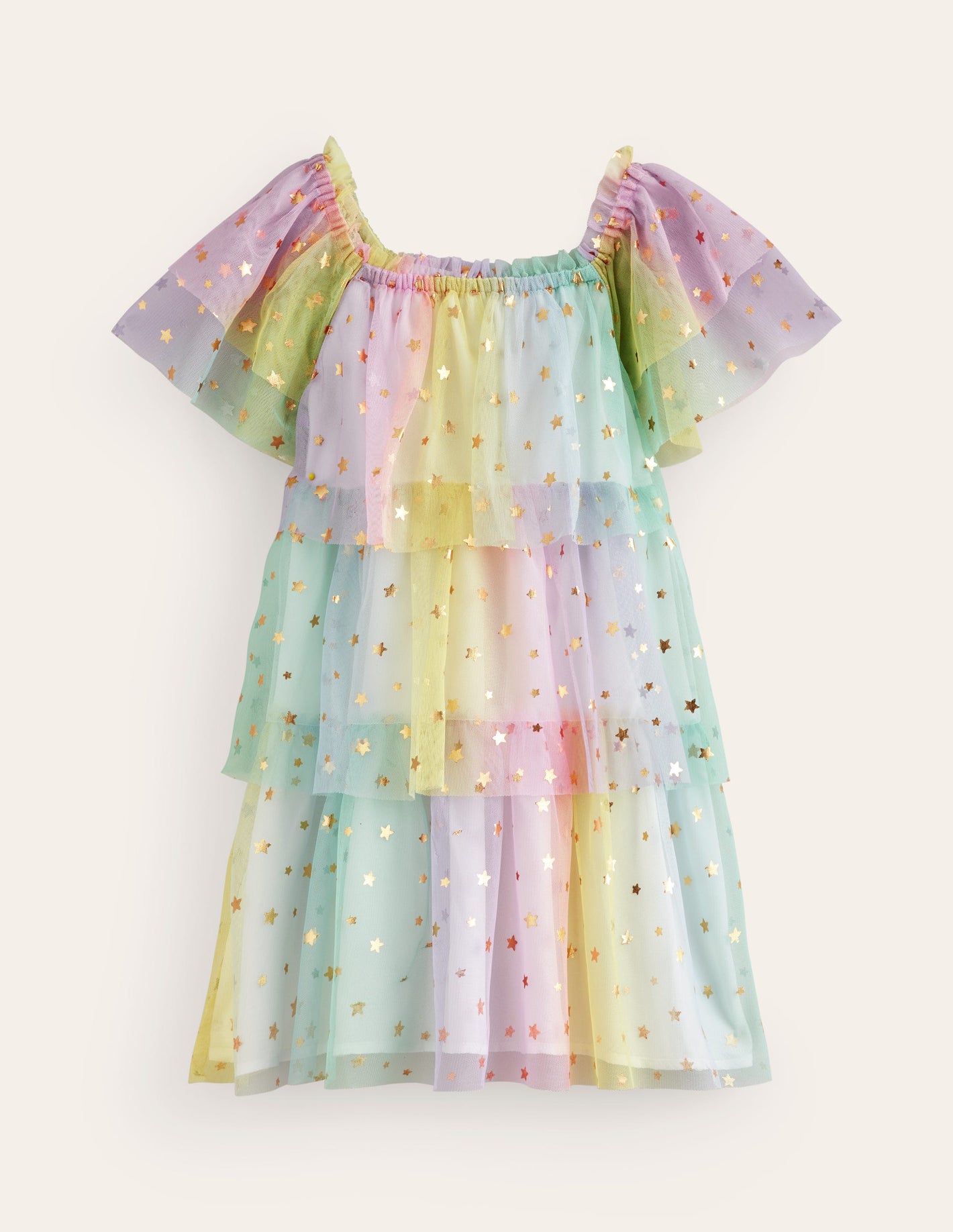 Tiered Tulle Dress-Multi Ombre Gold Foil Star