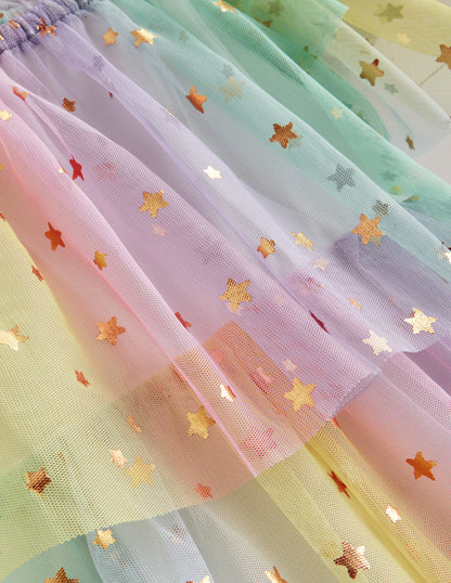 Tiered Tulle Dress-Multi Ombre Gold Foil Star