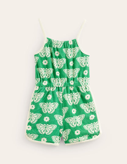 Strappy Towelling Playsuit-Pea Green Butterfly Stamp