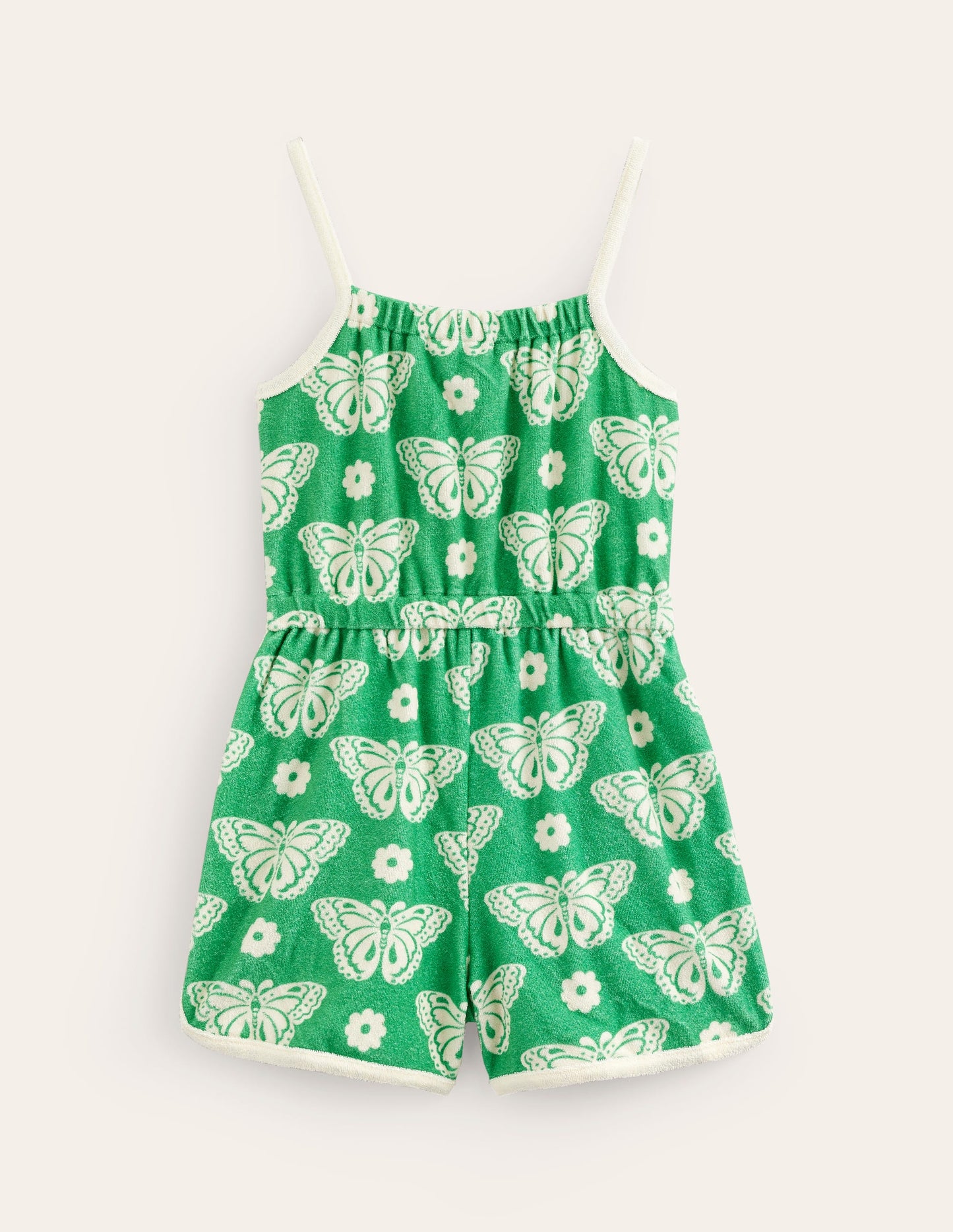 Strappy Towelling Playsuit-Pea Green Butterfly Stamp