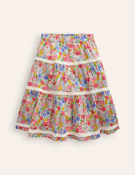 Printed Tiered Midi Skirt-Bubblegum Peony Floral