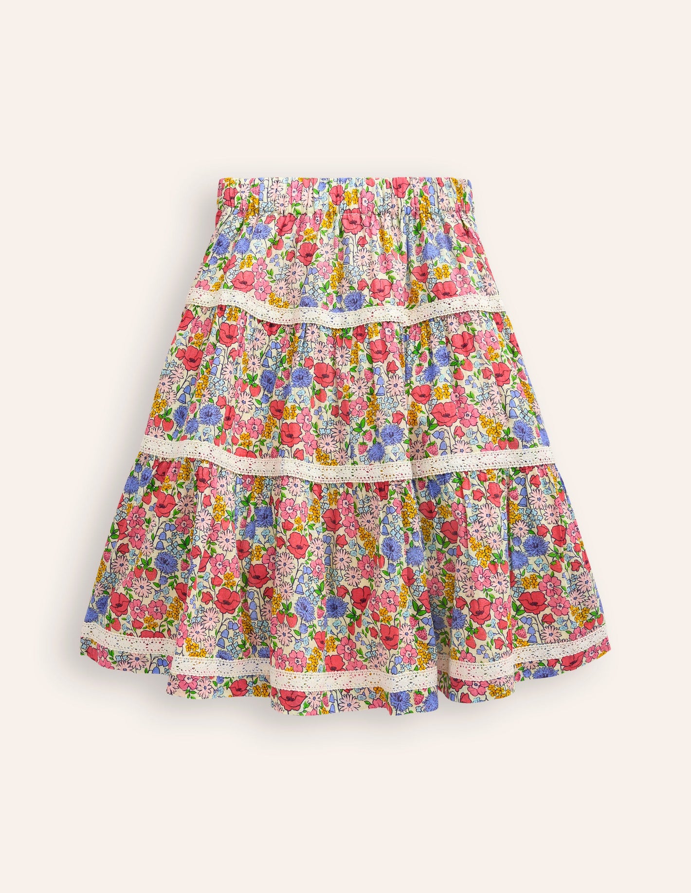 Printed Tiered Midi Skirt-Bubblegum Peony Floral