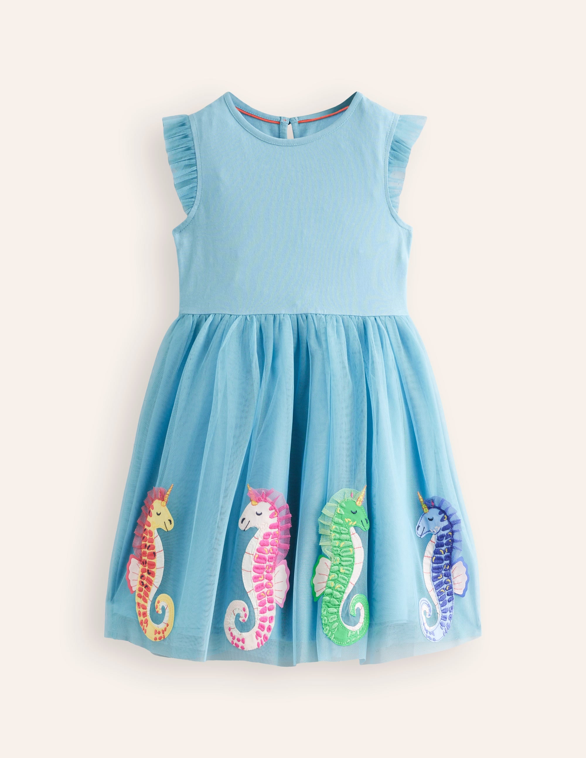 Jersey Tulle Appliqué Dress-Aqua Sea Blue Seahorses - Image 1