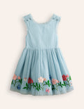 Tulle Cross-Back Dress-Vintage Blue Flowers
