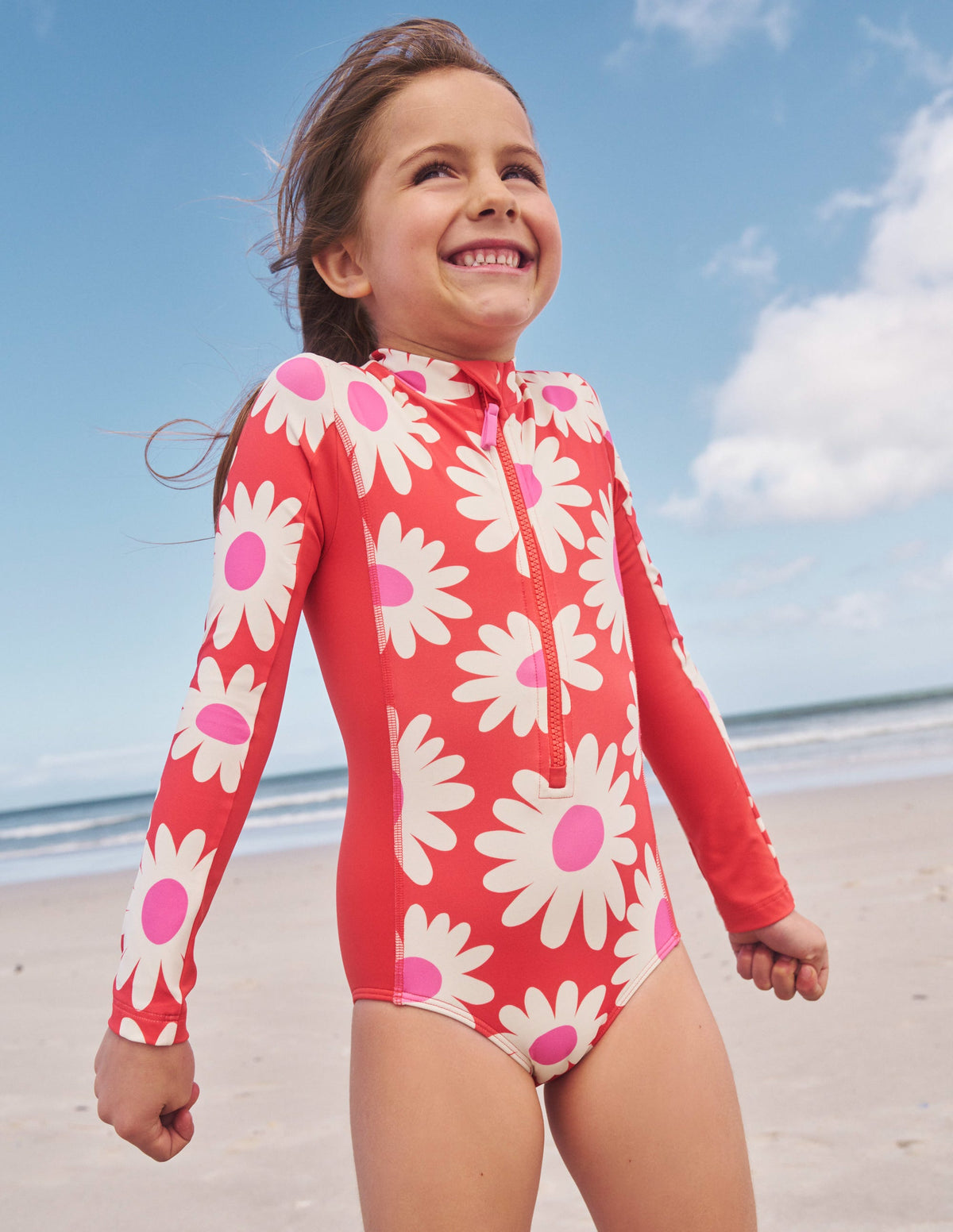 Long-sleeved Swimsuit-Cayenne Red Daisy-4