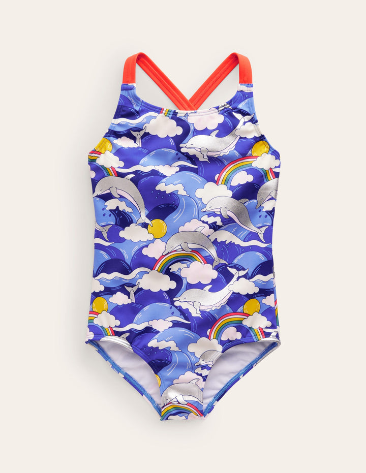 Cross-back Printed Swimsuit-Ultramarine Foil Dolphin