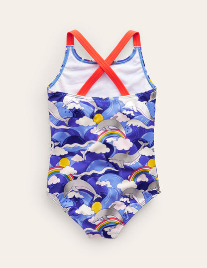 Cross-back Printed Swimsuit-Ultramarine Foil Dolphin-2