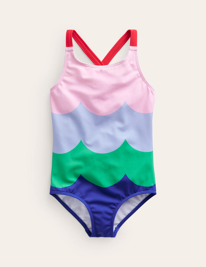 Cross-back Printed Swimsuit-Multi Wave Stripe