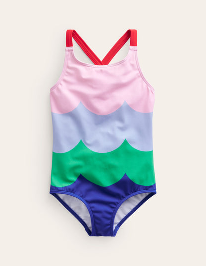 Cross-back Printed Swimsuit-Multi Wave Stripe-1