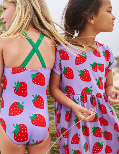 Cross-back Printed Swimsuit-Violet Tulip Strawberries