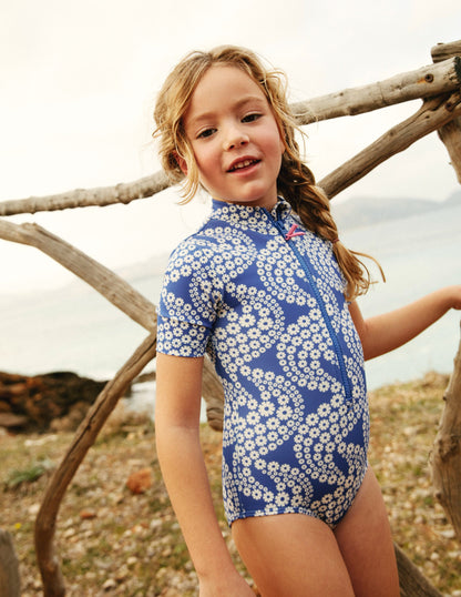 Short-sleeved Swimsuit-Dazzling Blue Daisy Wave-4