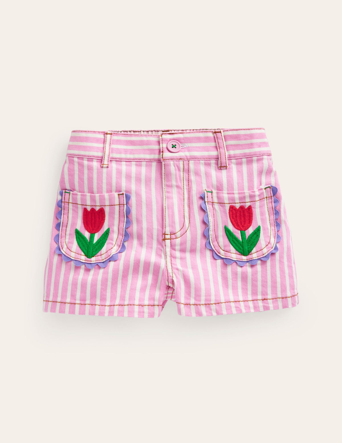 Patch Pocket Shorts-Pink / Ivory Stripe Tulip-1