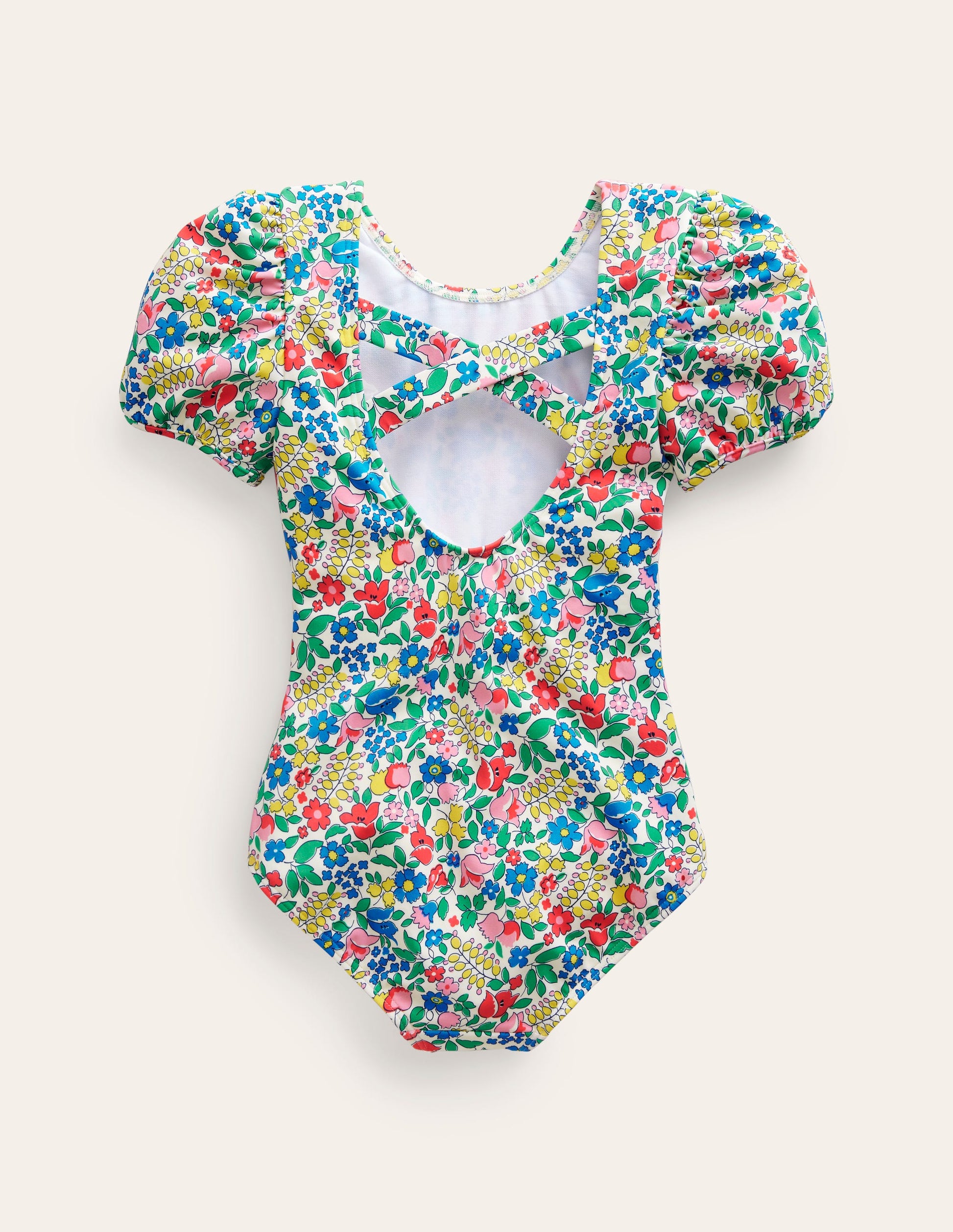 Printed Puff-sleeved Swimsuit-Multi Flowerbed-2
