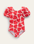 Printed Puff-sleeved Swimsuit-Ballet Pink Hearts