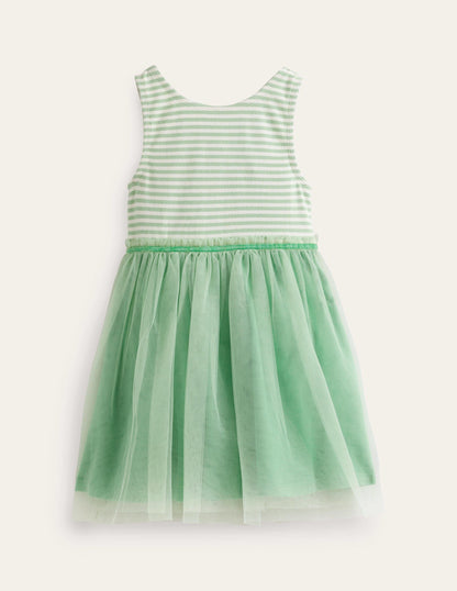 Jersey Tulle Mix Dress-Pistachio Green / Ivory Stripe