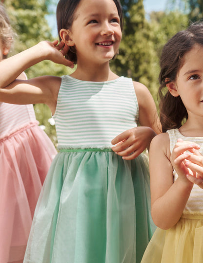 Jersey Tulle Mix Dress-Pistachio Green / Ivory Stripe