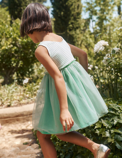 Jersey Tulle Mix Dress-Pistachio Green / Ivory Stripe